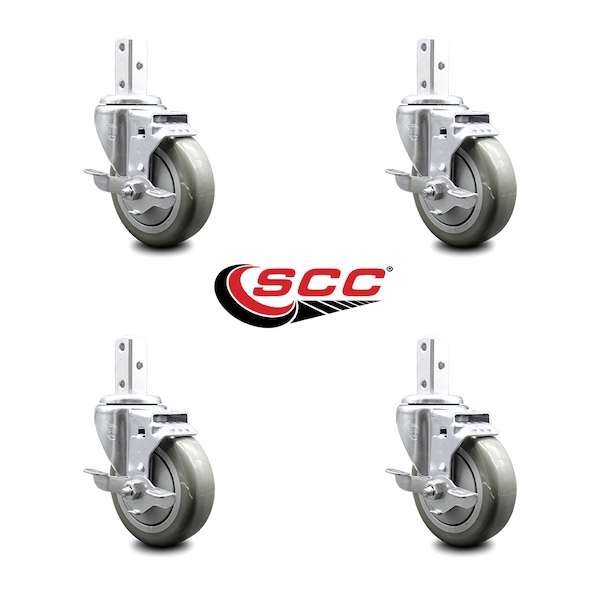 4 Inch Gray Poly Wheel Swivel 7/8 Inch Square Stem Caster Set With Brake SCC